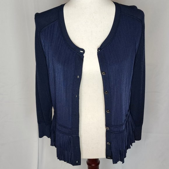 Oscar de la Renta Navy Button Front Ruffle Hem Cardigan Size: L - Picture 4 of 16